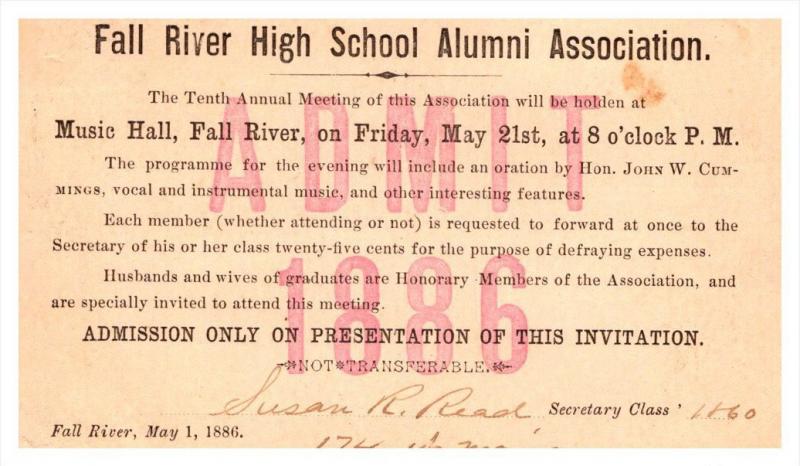 Massachusetts Fall River High School Alumni 10yr. Annual meeting   May 21,  1886