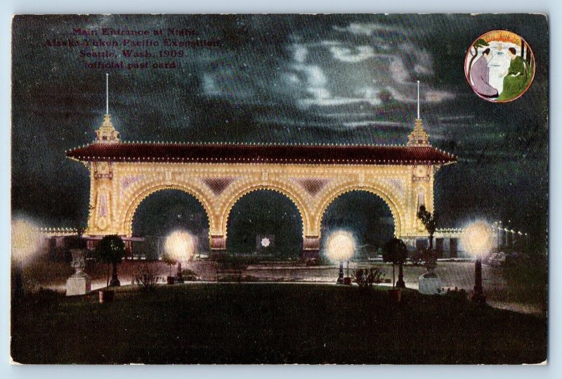 Seattle Washington WA Postcard Main Entrance Night Alaska Yukon Pacific c1910