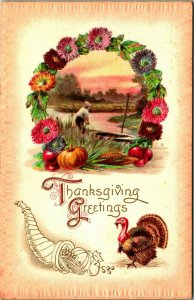 Wreath Cornucopia Turkey Thanksgiving Greetings Embossed 1910 DB Postcard