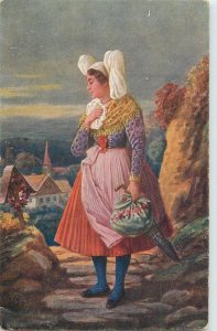 Moravian folk type woman costume from Czechia vintage postcard 1912