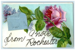 c1910s A Note from Rochester, Floral and Glitter Posted Antique Postcard