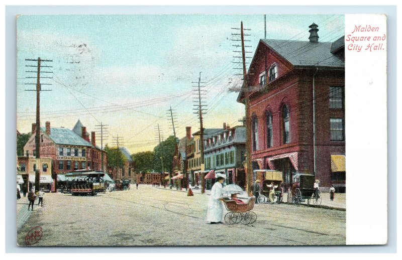 1910 Malden MA Square and City Hall Postcard Woman Pushing Baby Carriage Trolley