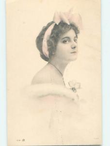 Pre-Linen art nouveau PRETTY WOMAN WEARING PINK RIBBON AND BOW IN HAIR HJ3936