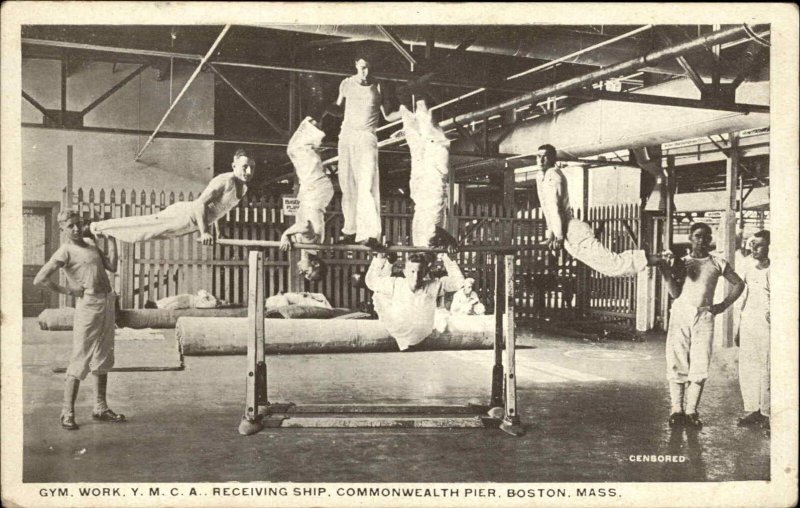 Boston MA Navy Commonwealth Pier Receiving Ship Postcard GYM WORK #3