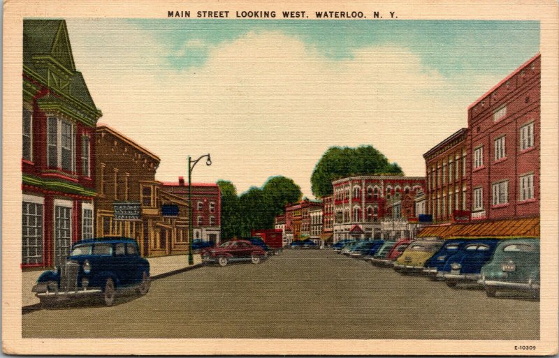 Vtg 1940s Main Street View Old Cars Waterloo New York NY Linen Postcard