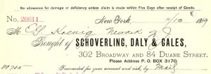 1889 SCHOVERLING, DALY & GALES NEW YORK 302 BROADWAY BILLHEAD STATEMENT Z1396