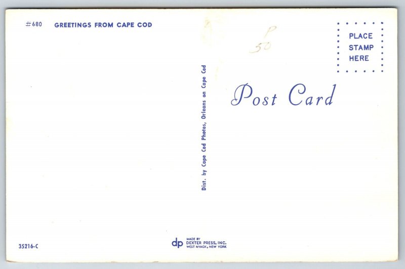 State Map~Cape Cod~Lighthouse~Windmill~Vintage Postcard
