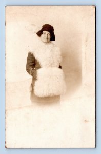 RPPC Studio View Beautiful Woman Fur Coat Huge Muff UNP Postcard  M15