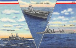 Navy Ships  AIRPLANE CARRIER~BATTLESHIP~HEAVY CRUISER ca1940's Military Postcard