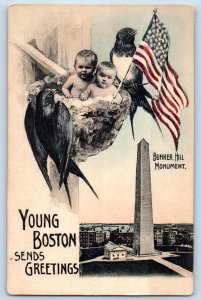 Boston Massachusetts Postcard Bunker Hill Monument Sends Greetings c1905 Vintage