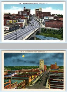 2 Postcards GREENVILLE, South Carolina SC ~ Day/Night MAIN STREET Scenes c1940s