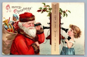 SANTA w/ STICK PHONE ARTIST SIGNED CLAPSADDLE CHRISTMAS ANTIQUE POSTCARD