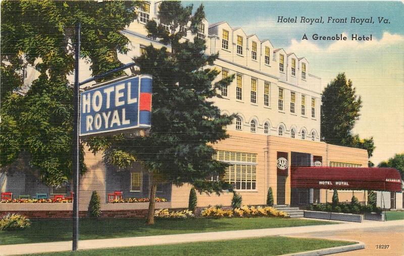 Linen Roadside Postcard; Hotel Royal, Front Royal VA Warren County, Unposted 