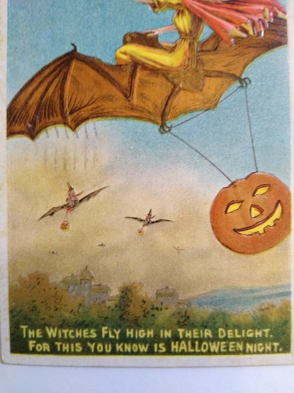 Vintage Halloween Postcard Anglo-American Series 876 Witch Flying On Devil Bat