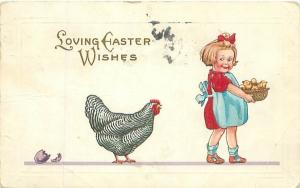 Bad Little Girl and Basket of Chicks Hen Looks On 1915 Stechner Easter Postcard