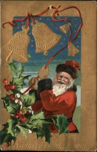 Christmas Santa Rings Bells Gilt Embossed c1910 Vintage Postcard