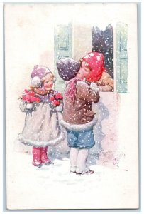 c1910's Couple Kissing Window Flowers Snowfall Winter Norway Antique Postcard 