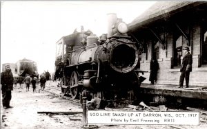 RPPC- Barron, Wisconsin - The Soo Line smash up on Oct 1917