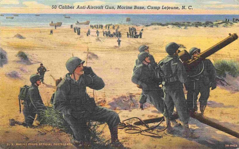 50 Caliber Anti Aircraft Gun Marine Base Camp Lejeune NC 1945 linen postcard 