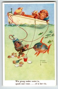 Monkey Scuba Diver Fish Bath Postcard Larson Wood Signed Fantasy Anthropomorphic
