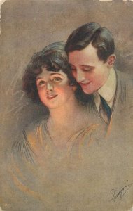 Elegant couple lovingly holding each other in their arms artist postcard c.1921