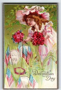 Memorial Decoration Day Postcard Girl US Flag Gravestone Flowers Silver Unposted