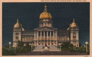 Vintage Postcard State Capitol Building By Night Des Moines Iowa Hyman's News