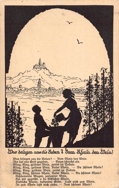 B155 Silhouette Rhein Castle Love Romance Couple Gathers Grapes Poem postcard
