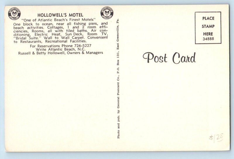 Atlantic Beach North Carolina NC Postcard Hollowell's Motel Dual View Vintage