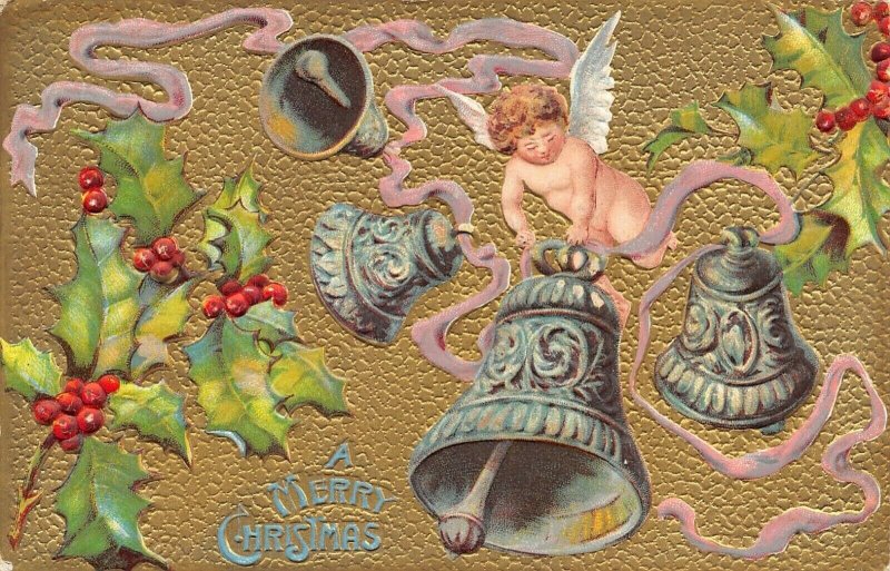 Christmas Louis Prang Cherub Cupid Pewter Bells On Gold Back Holly Berry Emboss Topics Holidays Celebrations Other Postcard Hippostcard