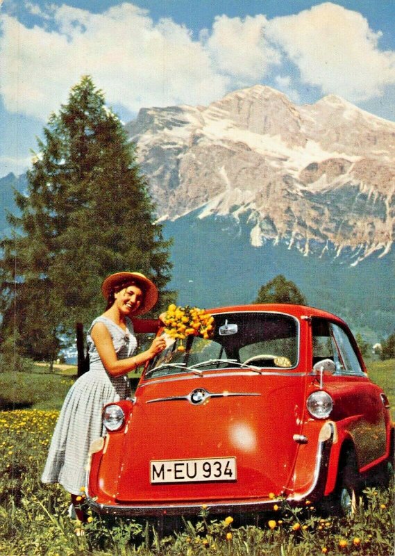 BMW 60YOUNG WOMAN- BMW 600 AUTOMOBILE POSTCARD GREATER THAN OUTDOORS~NOT REPRINT