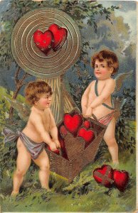 H83/ Valentine's Day Holiday Postcard c1910 Cupids Gold-Lined Hearts 79