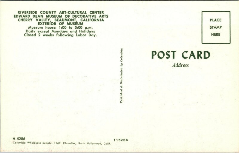 Vtg Edward Dean Museum of Decorative Arts Beaumont Exterior CA Postcard