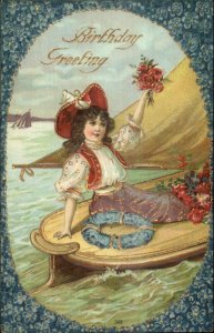 Birthday - Young Girl Sailing Sailboat Life Saving Ring of Flowers Postcard