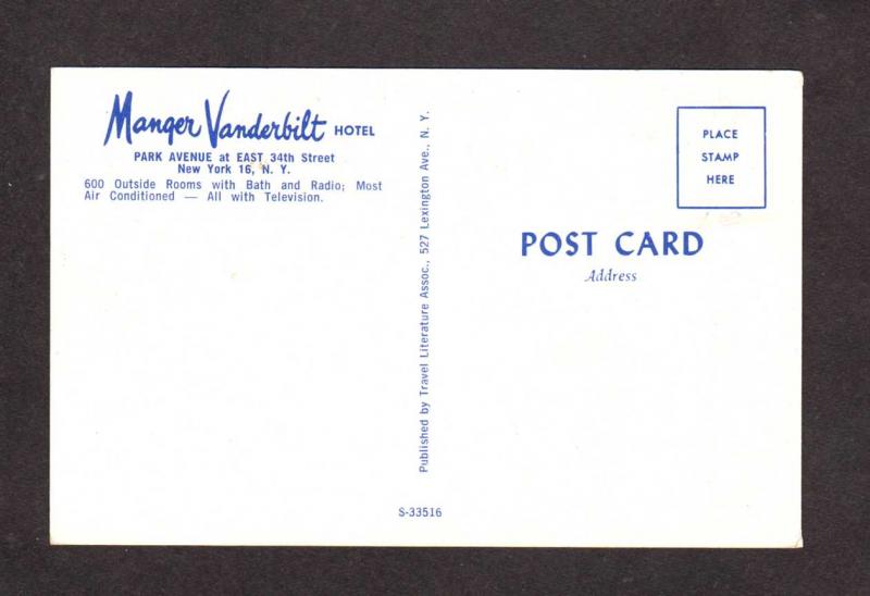 NY Manger Vanderbilt Hotel New York City Postcard