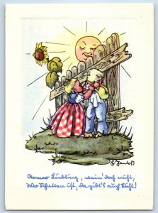 c1910's Two Children Anthropomorphic Smiling Sun Flowers Signed Artist Postcard