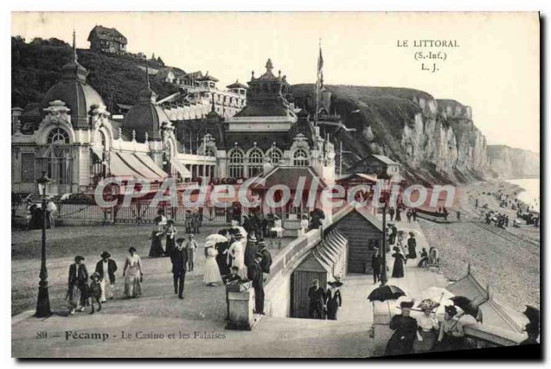 Old Postcard The Shoreline S Inf Fecamp the casino and the Cliffs