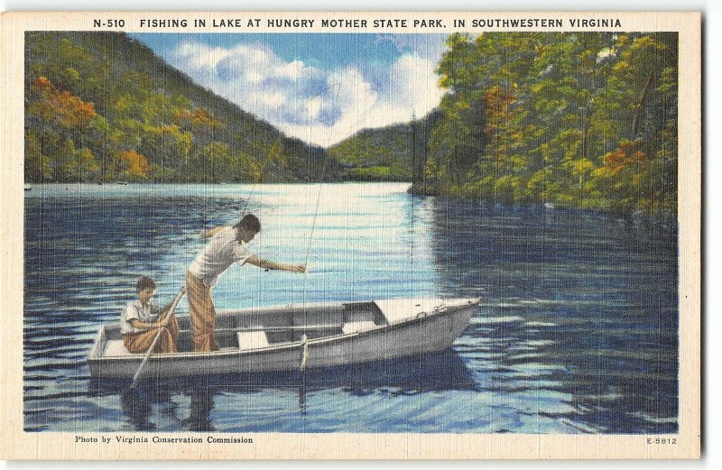 Fishing in Hungry Mother State Park Lake, SW Virginia - 1940s Linen Postcard