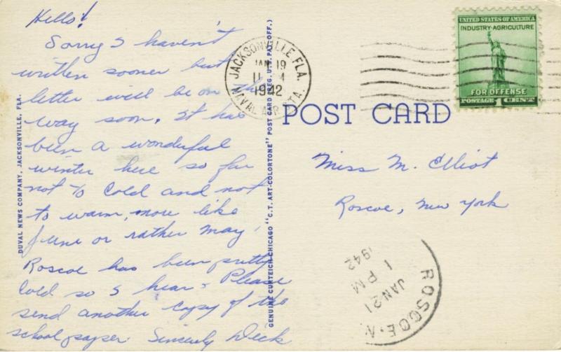 Jacksonville Beach FL Florida Aerial View Beach Pier c1942 Linen Postcard D21