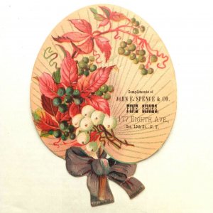 1880s-90s Fan John F. Spence & Co Fine Shoes NY Red Flowers Trade Card