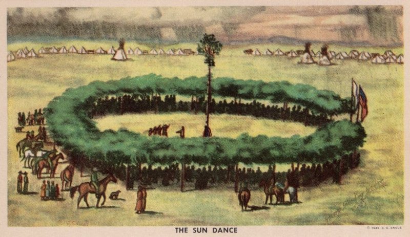 The Sun Dance Engle 1940s Red Indian Tribe Oil Painting Rare Postcard