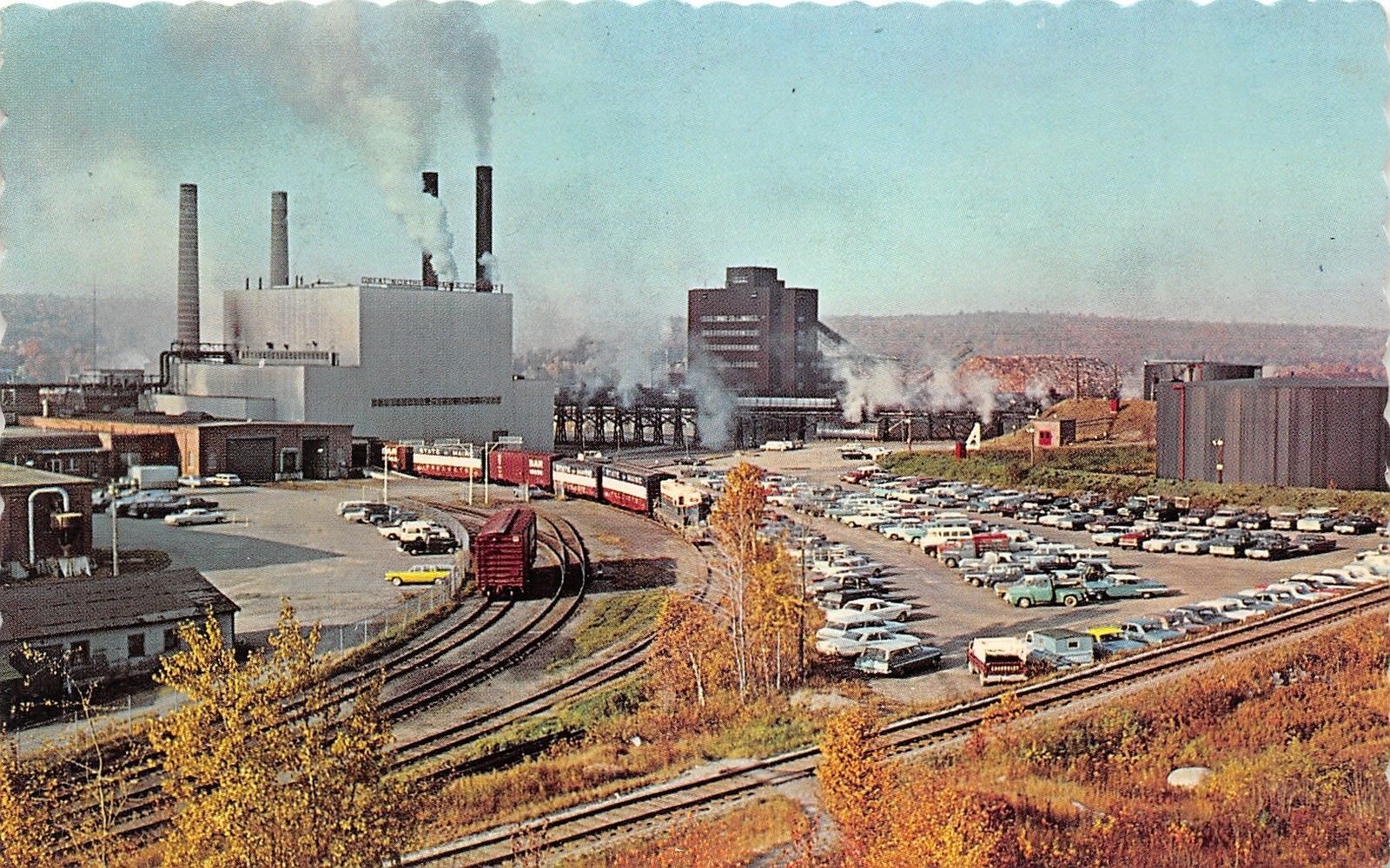 East Millinocket Maine~Great Northern Paper Co~Train~50s Cars~Smoking