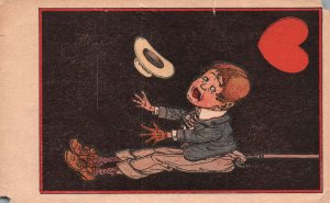 Vintage Postcard Little Boy Crying Screaming Hooked In Pants Hat Hearts Comic 