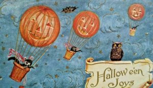 Vintage Halloween Postcard Whitney Black Cat Fly Hot Air Pumpkin Balloons 1913