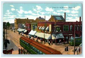 1910 Corner Fox And Broadway Trolley Train Aurora Illinois IL Antique Postcard 