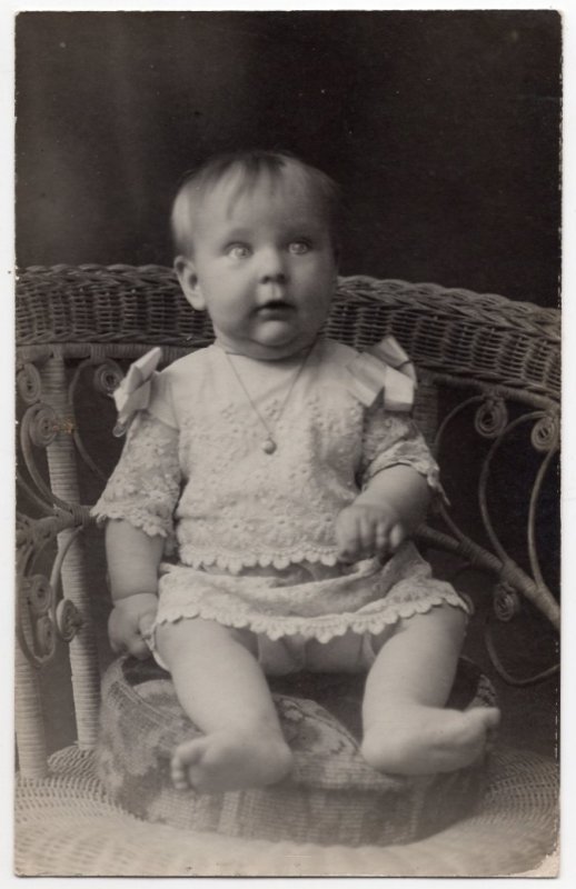 HP082221 Vintage RPPC Real Photo Postcard 6 mo old Alice Baby in Wicker Chair