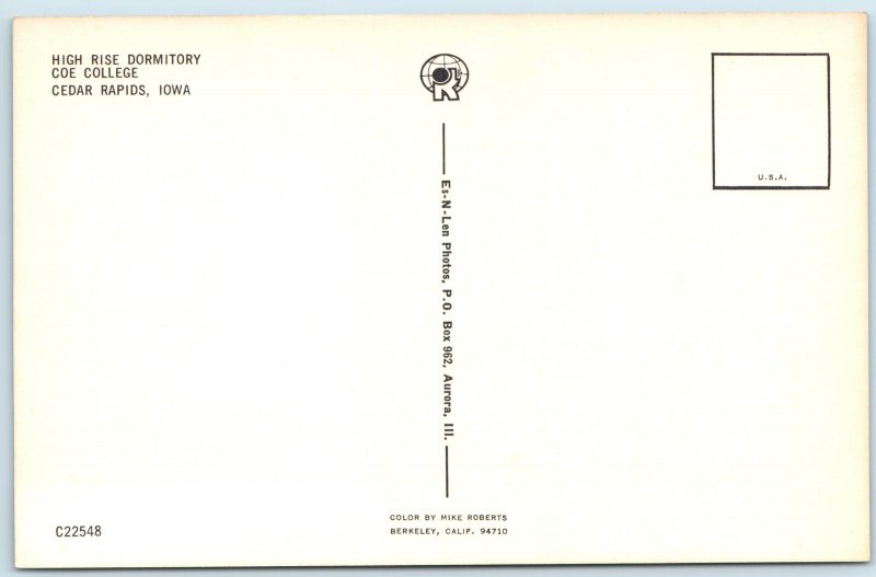 c1970s Cedar Rapids, IA Coe College High Rise Dormitory Dorm Brutalism PC A233