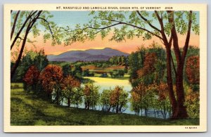 Vermont~Green Mts~Mt Mansfield~Lamoille River~Sunset Scene~Linen 1940s Postcard