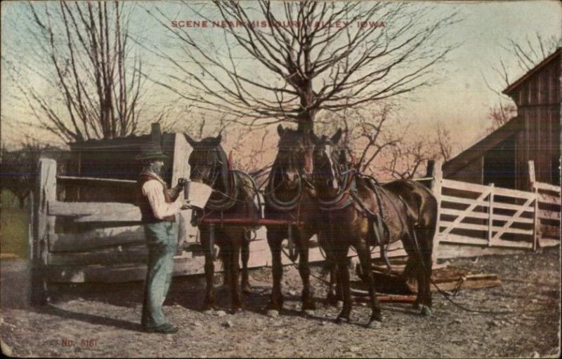 Missouri Valley IA Farmer & Horse Team c1910 Postcard