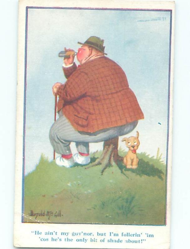 Pre-Linen Comic signed DONALD MCGILL - DOG SITTING IN SHADE OF FAT MAN AB9657